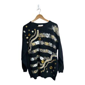 Vintage Hand Painted Beaded Jeweled Women's Black Sweater Sz M Art To Wear‎ USA